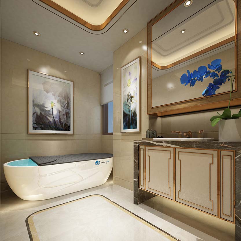 Luxurious bathroom featuring the Dreampod Home Float Pro bathtub, elegant marble vanity, modern artwork, and ambient lighting.
