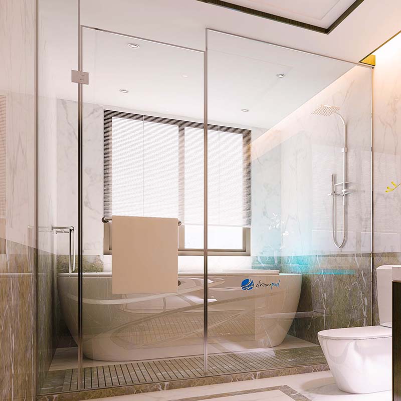 Modern bathroom featuring a glass shower enclosure, a freestanding bathtub with the Dreampod Home Float Pro logo, and stylish marble accents.