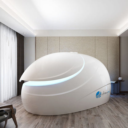 Dreampod Sport Float Pod in a modern room with wooden flooring and soft lighting.