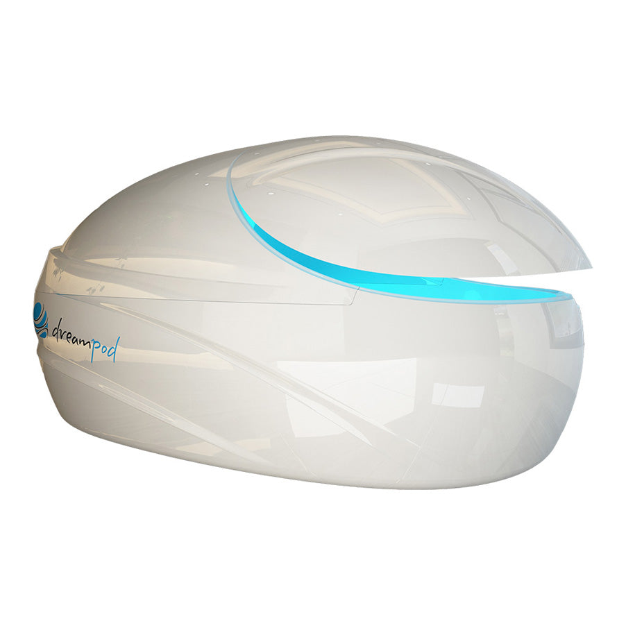 Dreampod V-Max Float Pod, a sleek, modern floatation pod with a smooth white exterior and a turquoise accent, designed for relaxation and sensory deprivation.