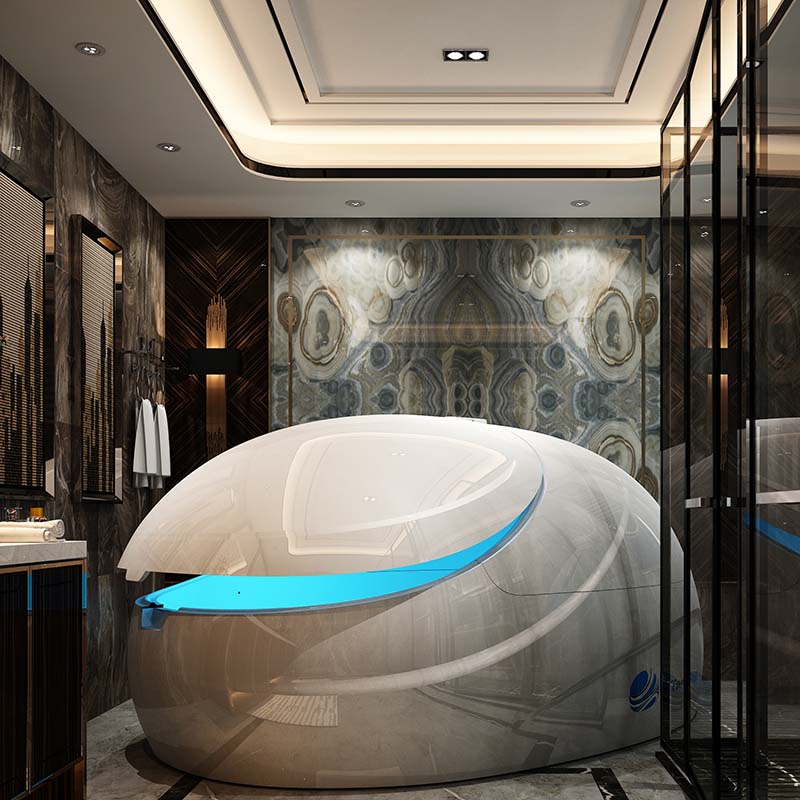Interior view of a modern spa featuring a Dreampod V2 Float Pod, designed with sleek lines and a calming blue accent, set against a luxurious backdrop.