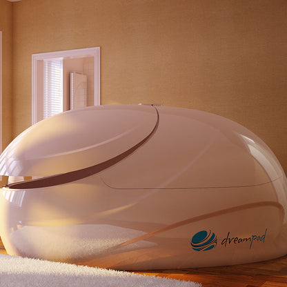 Dreampod V2 Float Pod in a cozy room with warm-colored walls and soft carpet.