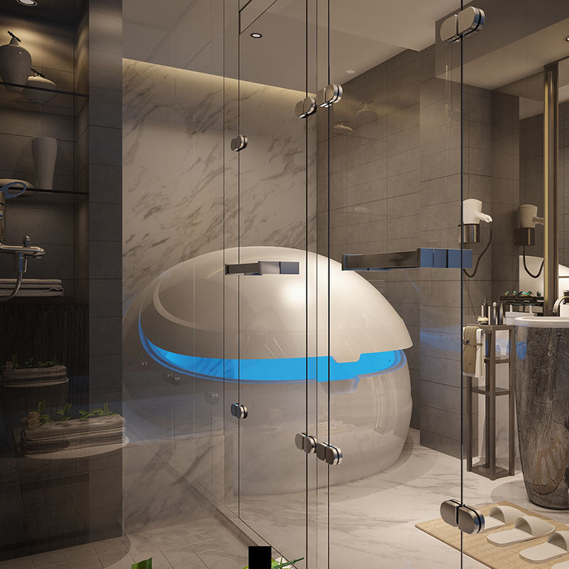 Dreampod V2 Float Pod in a modern bathroom setting, featuring glass walls and marble accents.