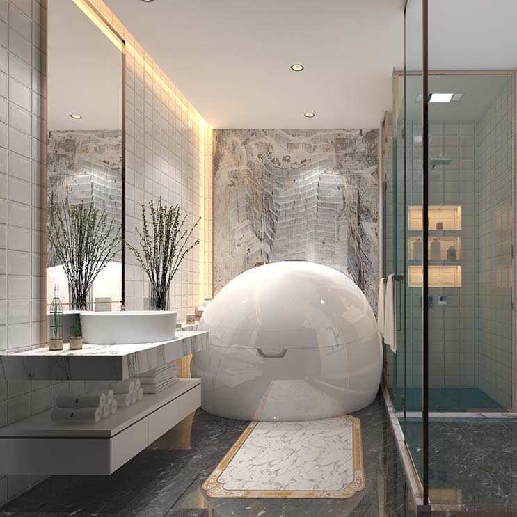A modern bathroom featuring a sleek Dreampod V2 Float Pod, stylish marble surfaces, and contemporary decor.
