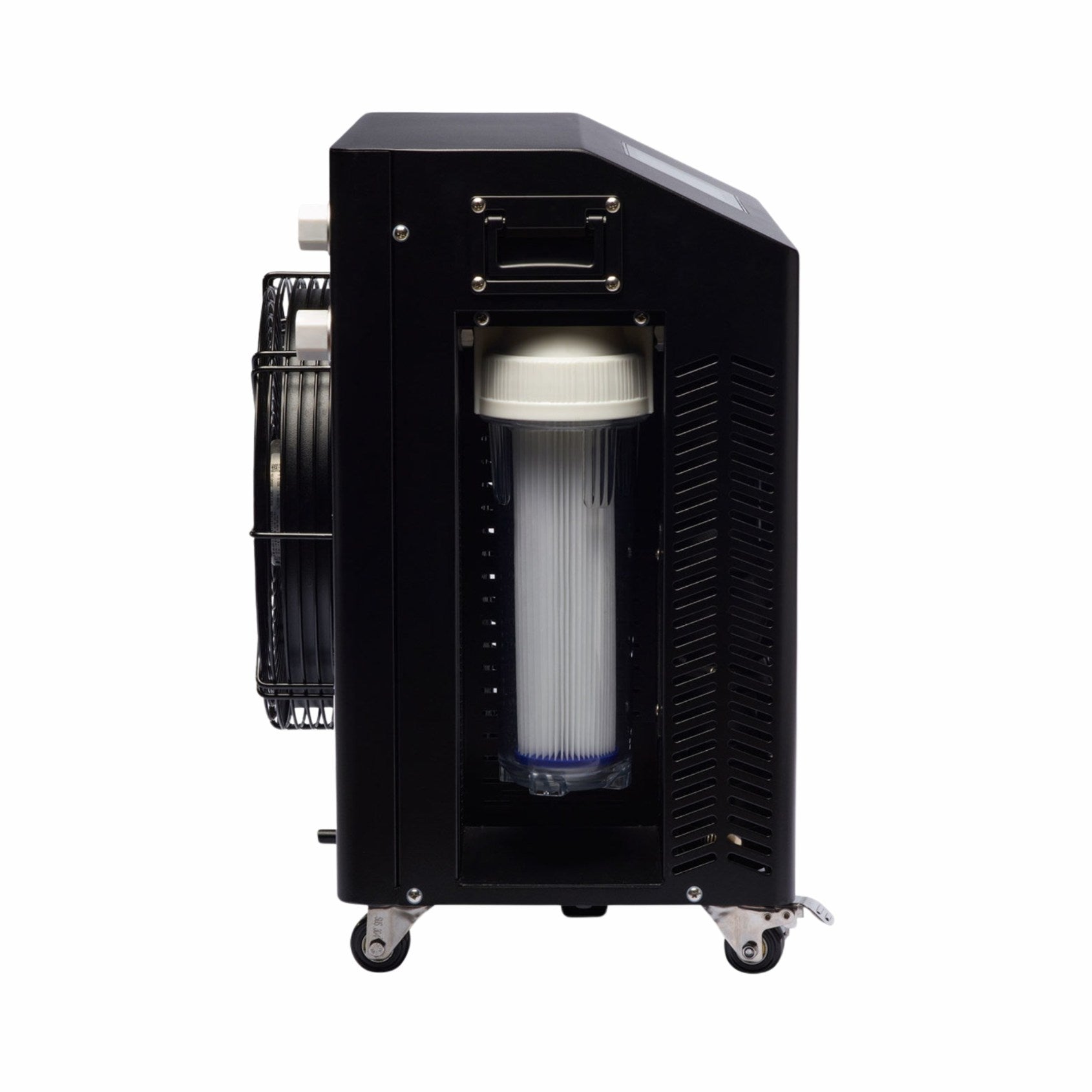 Side view of a portable air purifier featuring a cylindrical filter, fan, and control panel, designed for efficient air cleaning.