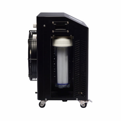 Side view of a portable air purifier featuring a cylindrical filter, fan, and control panel, designed for efficient air cleaning.