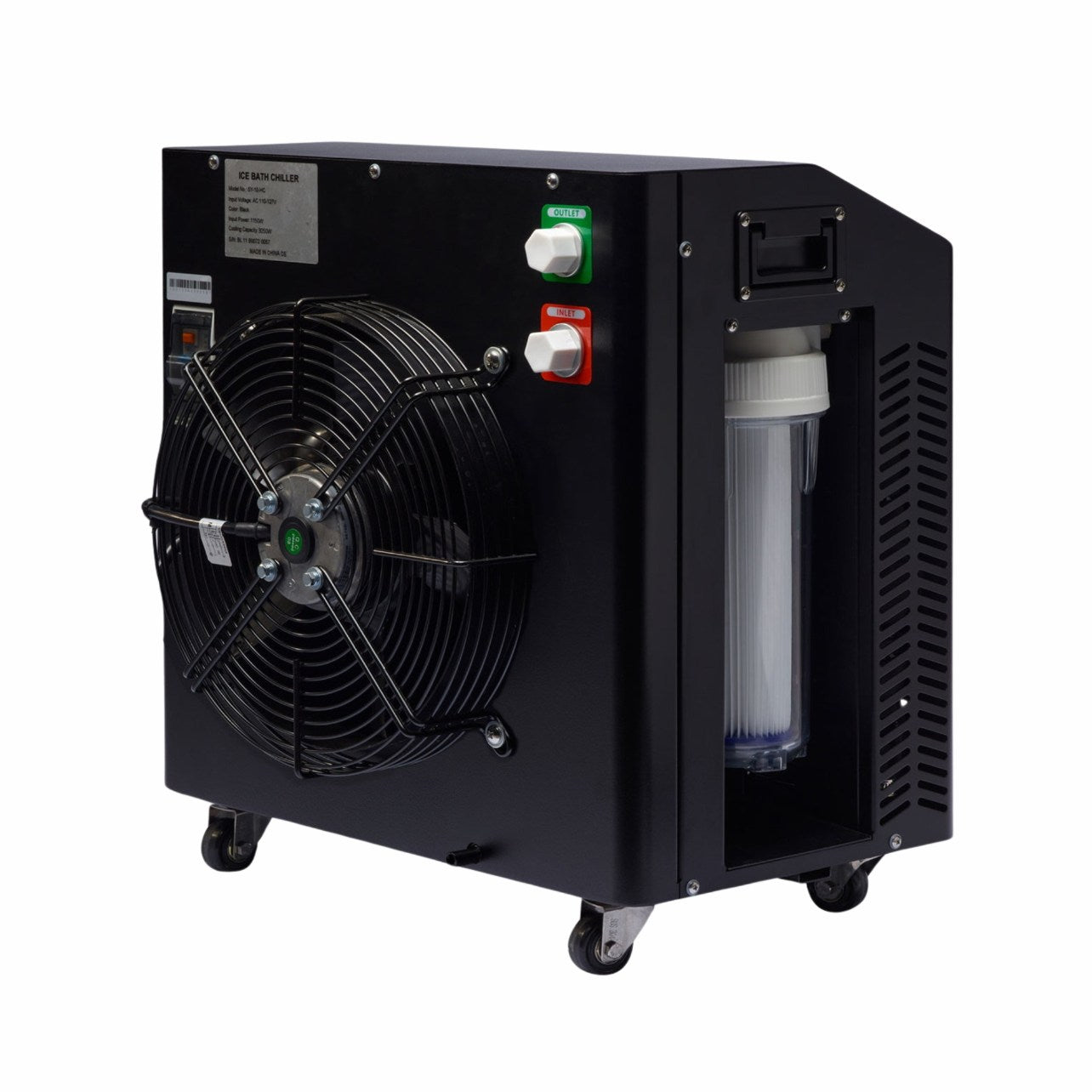 Ice bath chiller unit with a large fan, control buttons, and a transparent water filter, mounted on wheels for mobility.