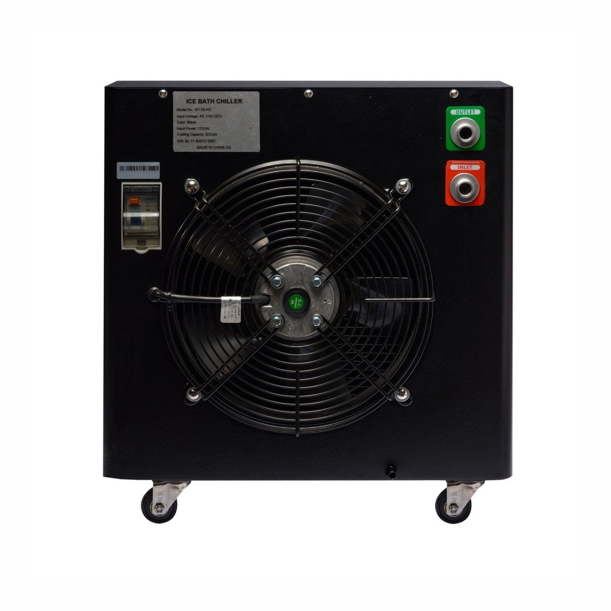 Back view of an ice bath chiller featuring a large fan, control panel with a switch, and labeled inlet and outlet connections, mounted on wheels for mobility.