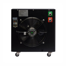 Back view of an ice bath chiller featuring a large fan, control panel with a switch, and labeled inlet and outlet connections, mounted on wheels for mobility.