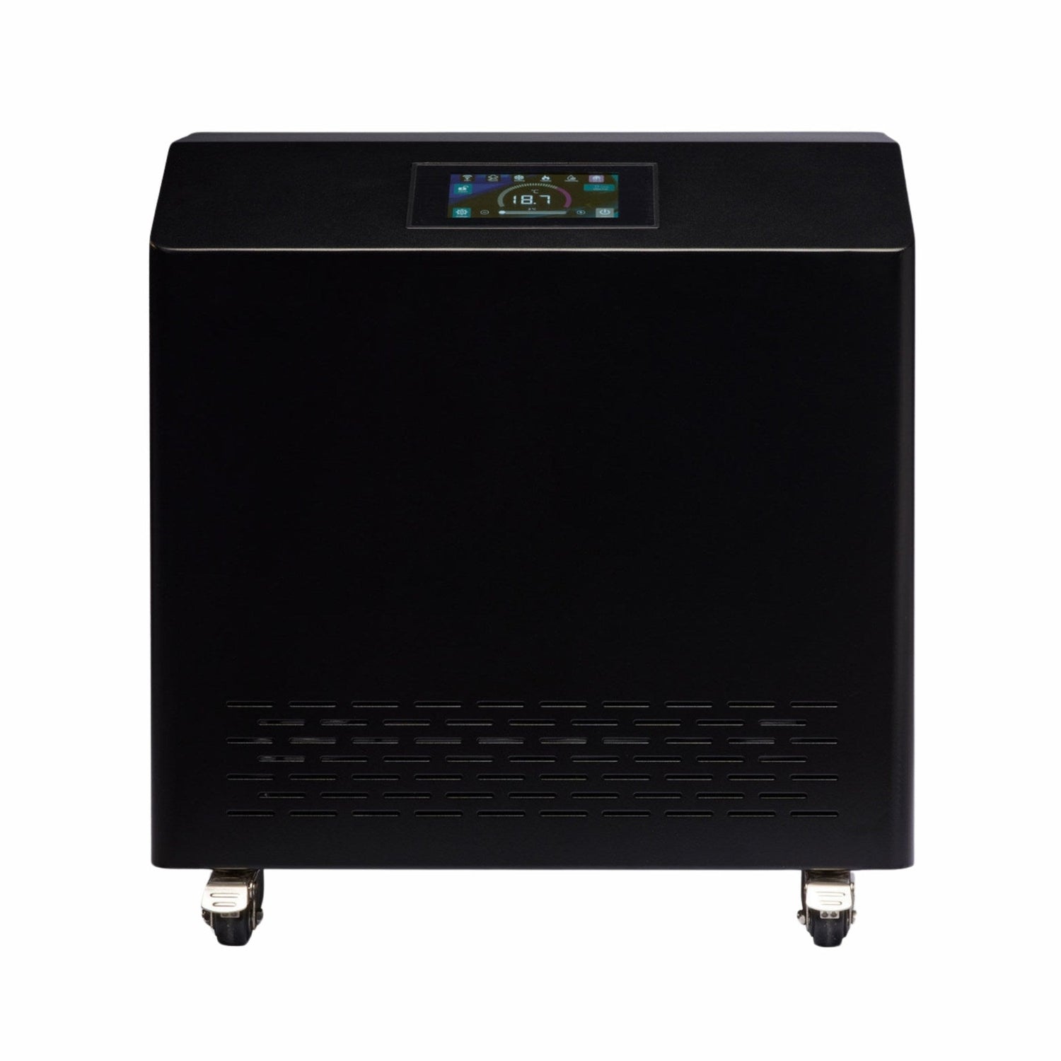 A sleek black appliance with a digital display on top, showing a temperature reading of 18.7, and featuring ventilation slots at the bottom and wheels for easy mobility.