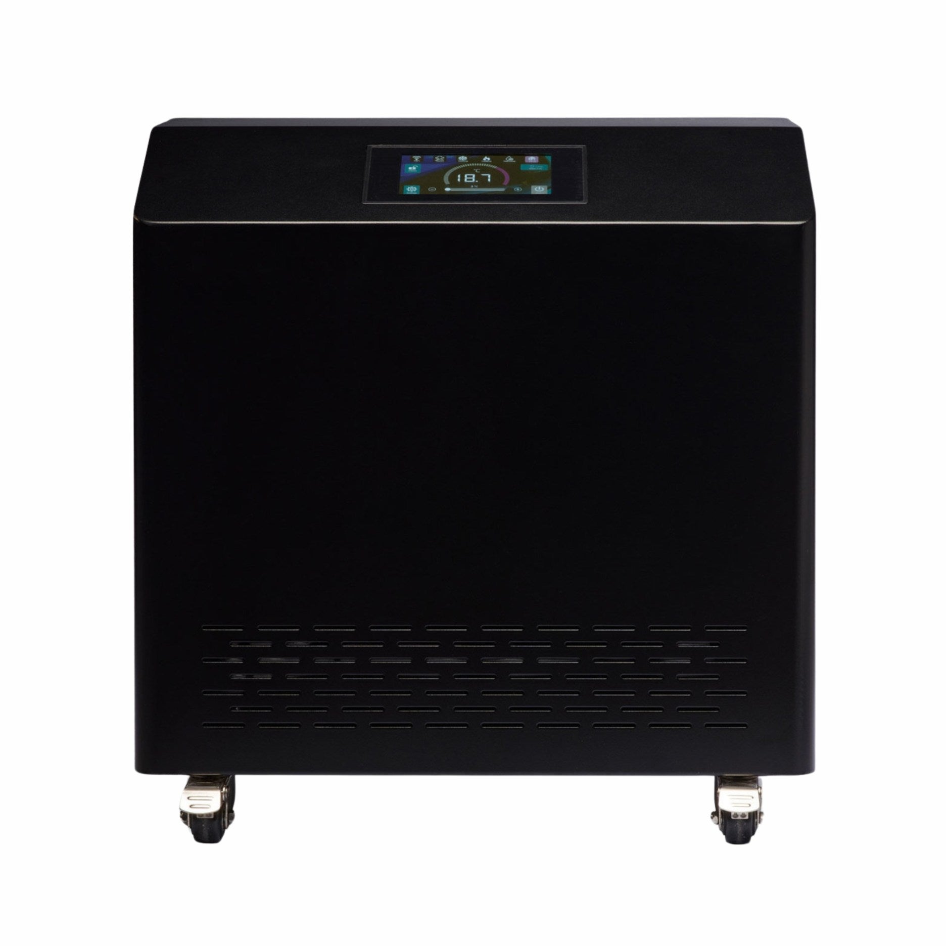 A sleek black appliance with a digital display on top, showing a temperature reading of 18.7, and featuring ventilation slots at the bottom and wheels for easy mobility.