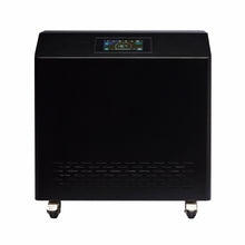 A sleek black appliance with a digital display on top, showing a temperature reading of 18.7, and featuring ventilation slots at the bottom and wheels for easy mobility.