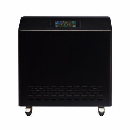 A sleek black appliance with a digital display on top, showing a temperature reading of 18.7, and featuring ventilation slots at the bottom and wheels for easy mobility.