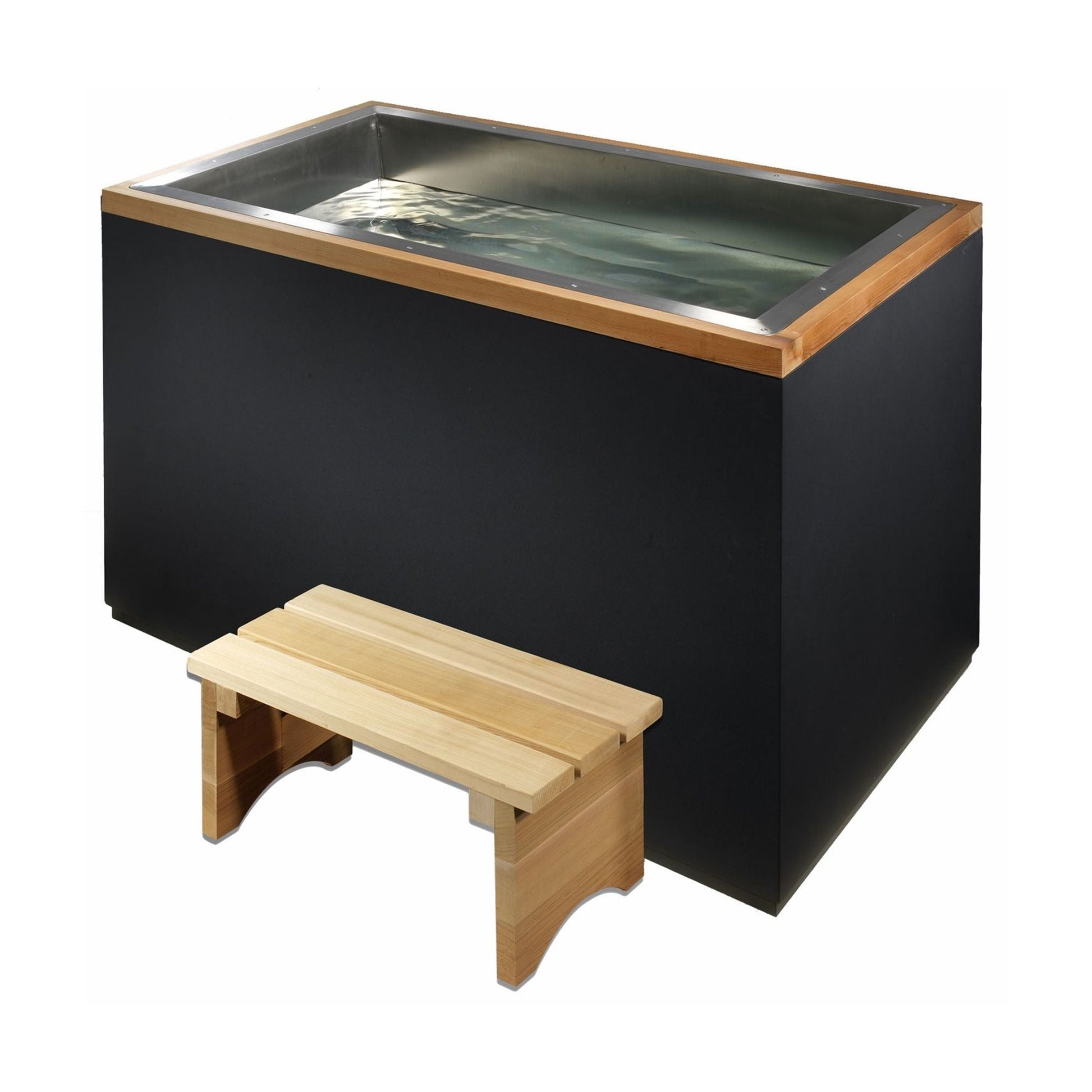 A modern, rectangular hot tub with a stainless steel interior and a wooden trim, accompanied by a small wooden bench.