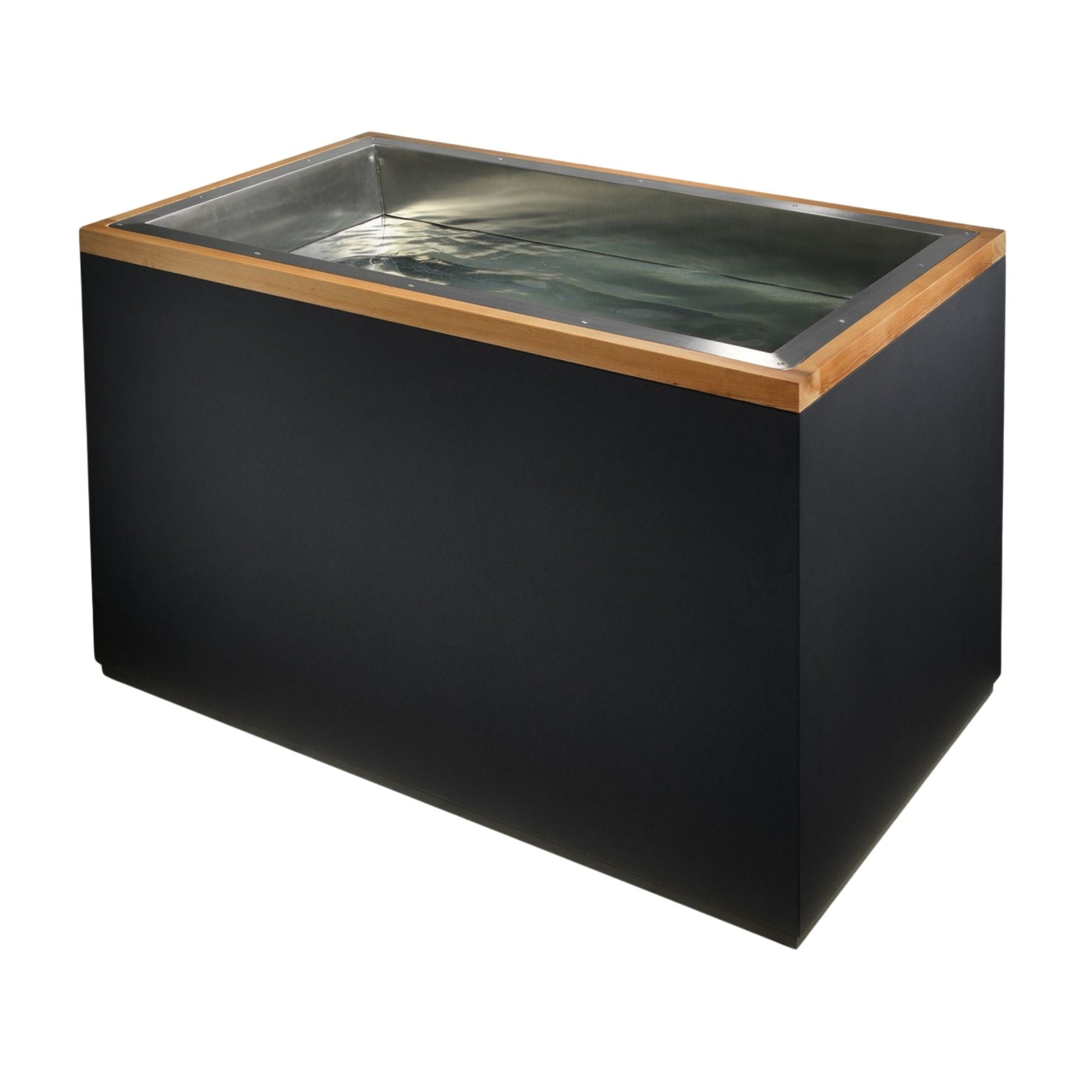 A modern rectangular hot tub with a sleek black exterior and a wooden rim, filled with water, positioned on a white background.