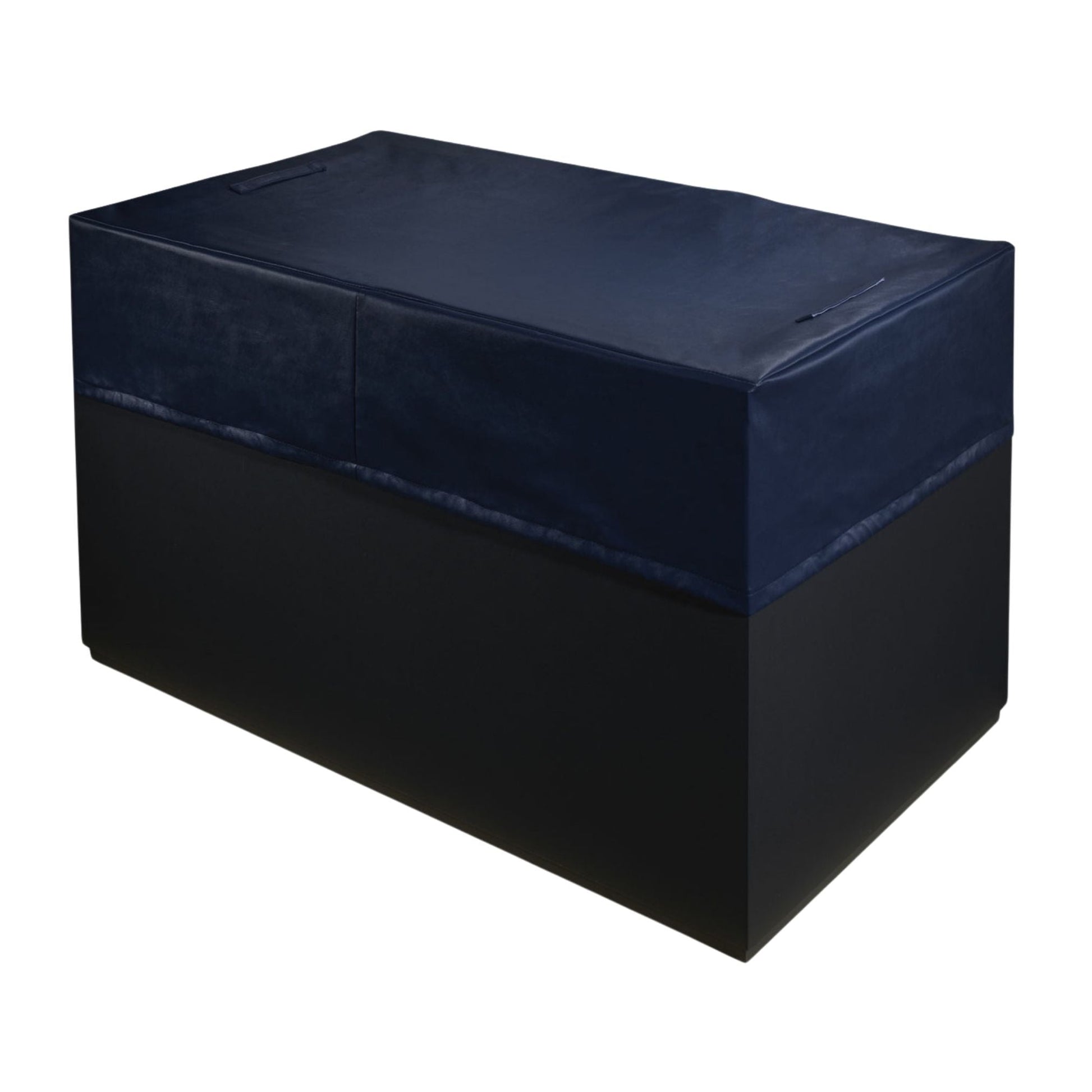 A navy blue padded storage box with a smooth surface and a black base, designed for organizing items.