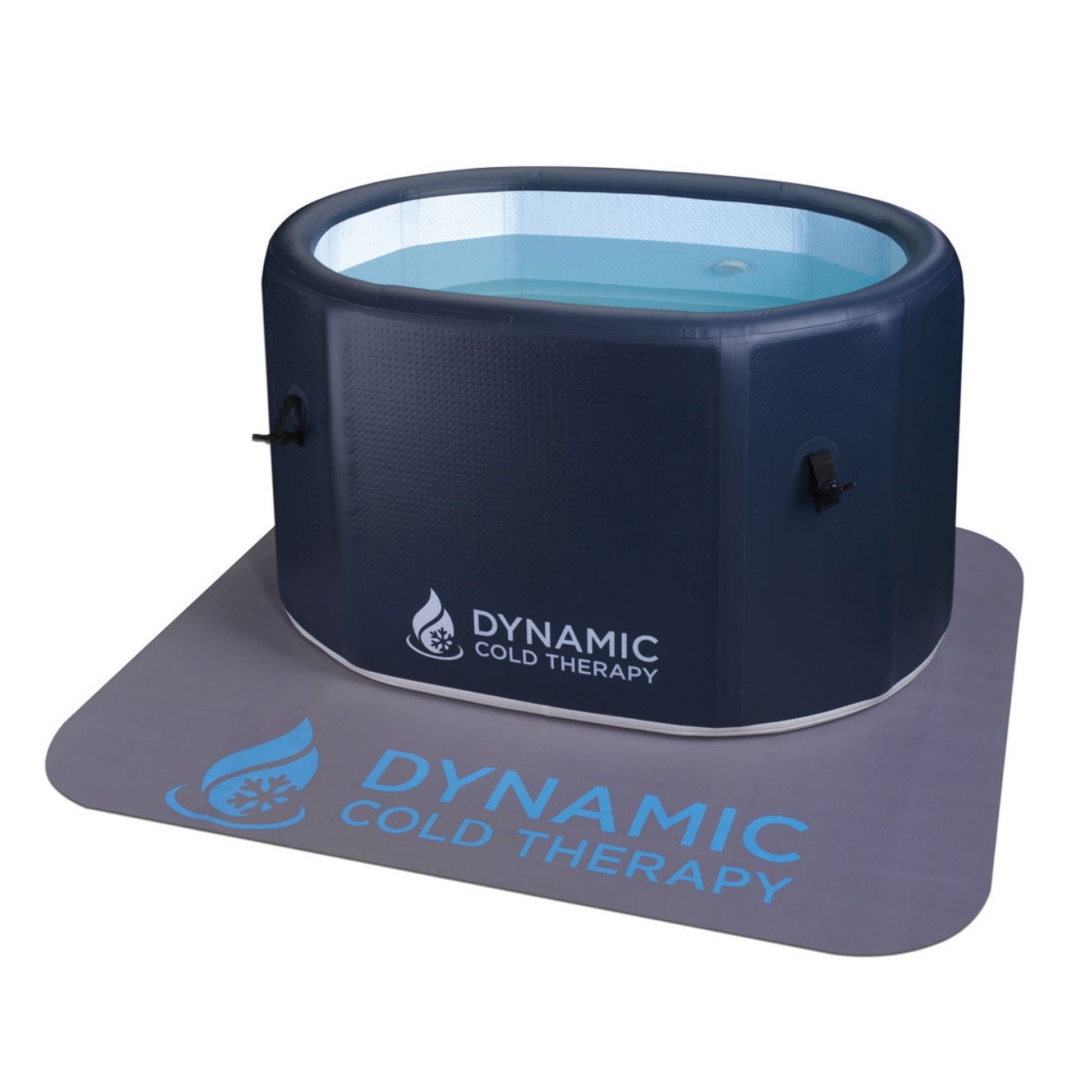 Inflatable cold therapy tub with water, featuring the logo DYNAMIC COLD THERAPY on the side and mat.