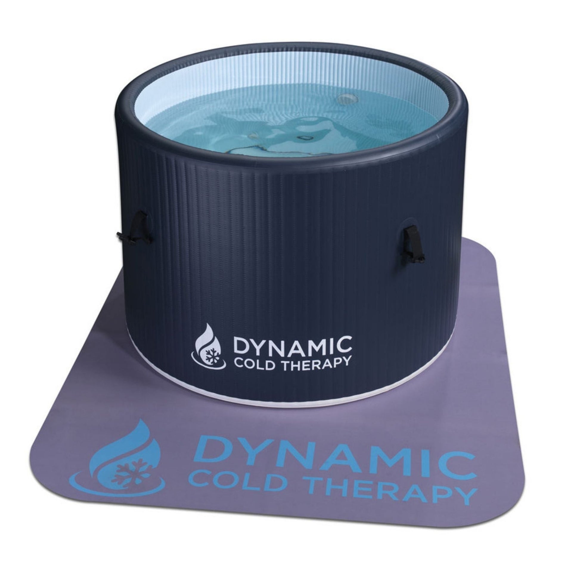 A round, inflatable cold therapy tub filled with water, featuring the logo DYNAMIC COLD THERAPY on the side and a matching mat underneath.