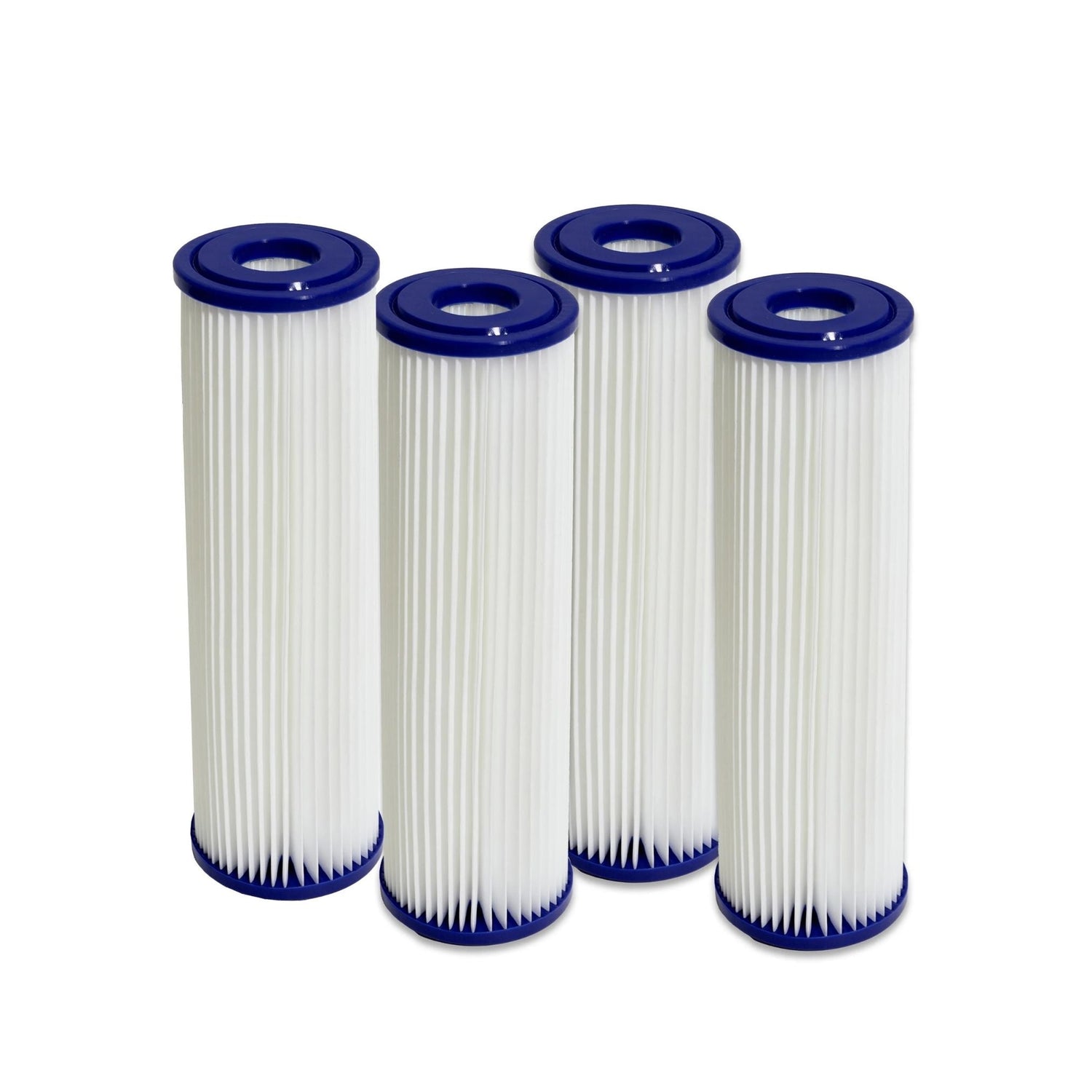 Four white pool filter cartridges with blue tops, arranged vertically.