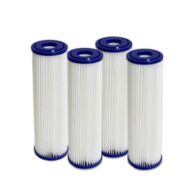 Four white pool filter cartridges with blue tops, arranged vertically.