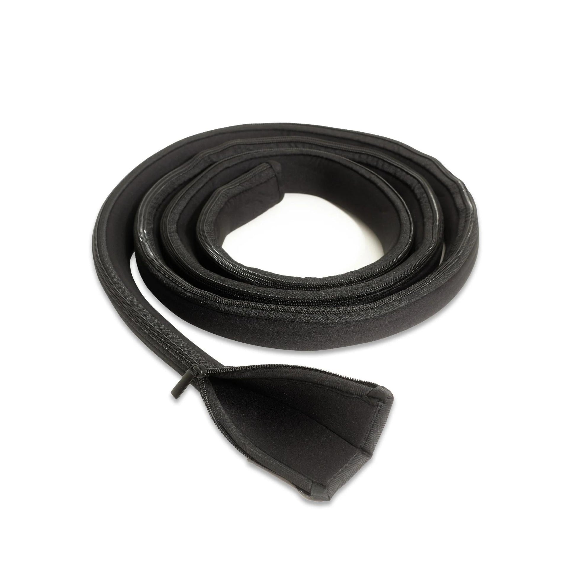A rolled black neoprene zipper strap, showcasing its flexibility and smooth zipper closure.