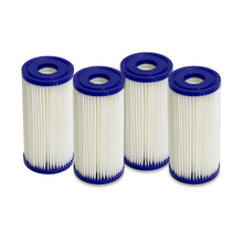 Four white pool filter cartridges with blue tops arranged in a row on a white background.