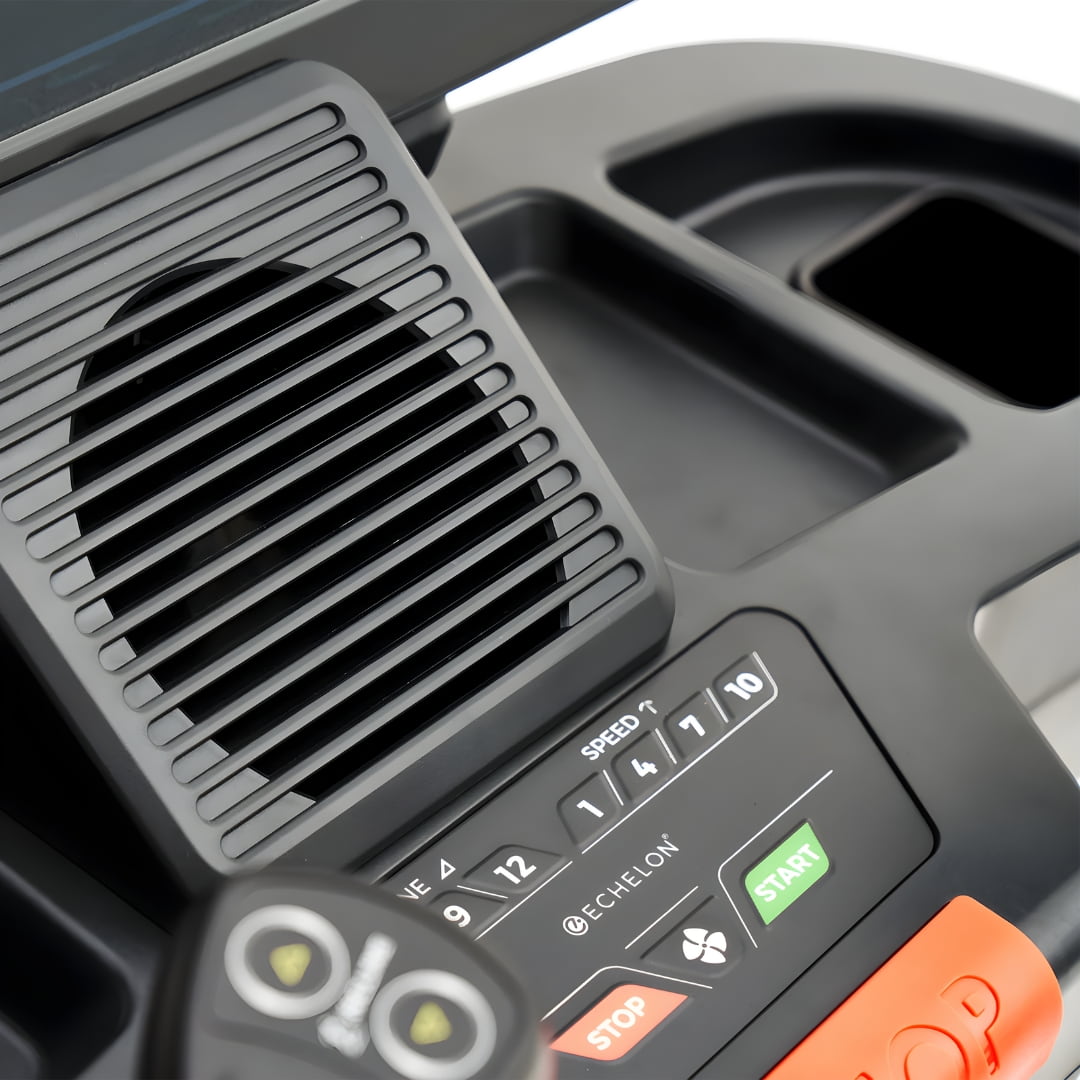 Close-up view of the control panel and fan of the Echelon Stride-7S Commercial Treadmill, featuring speed settings and start/stop buttons.