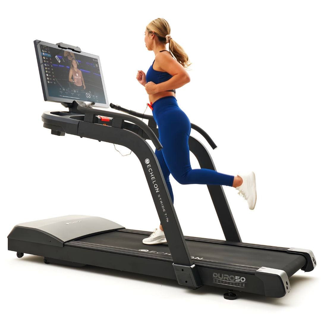 A person running on the Echelon Stride-7S Commercial Treadmill, featuring a large display screen showing workout stats.