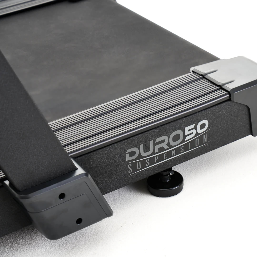 Close-up of the Echelon Stride-7S Commercial Treadmill showing the Duro50 Suspension feature and treadmill surface.