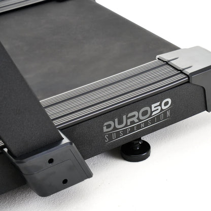 Close-up of the Echelon Stride-7S Commercial Treadmill showing the Duro50 Suspension feature and treadmill surface.