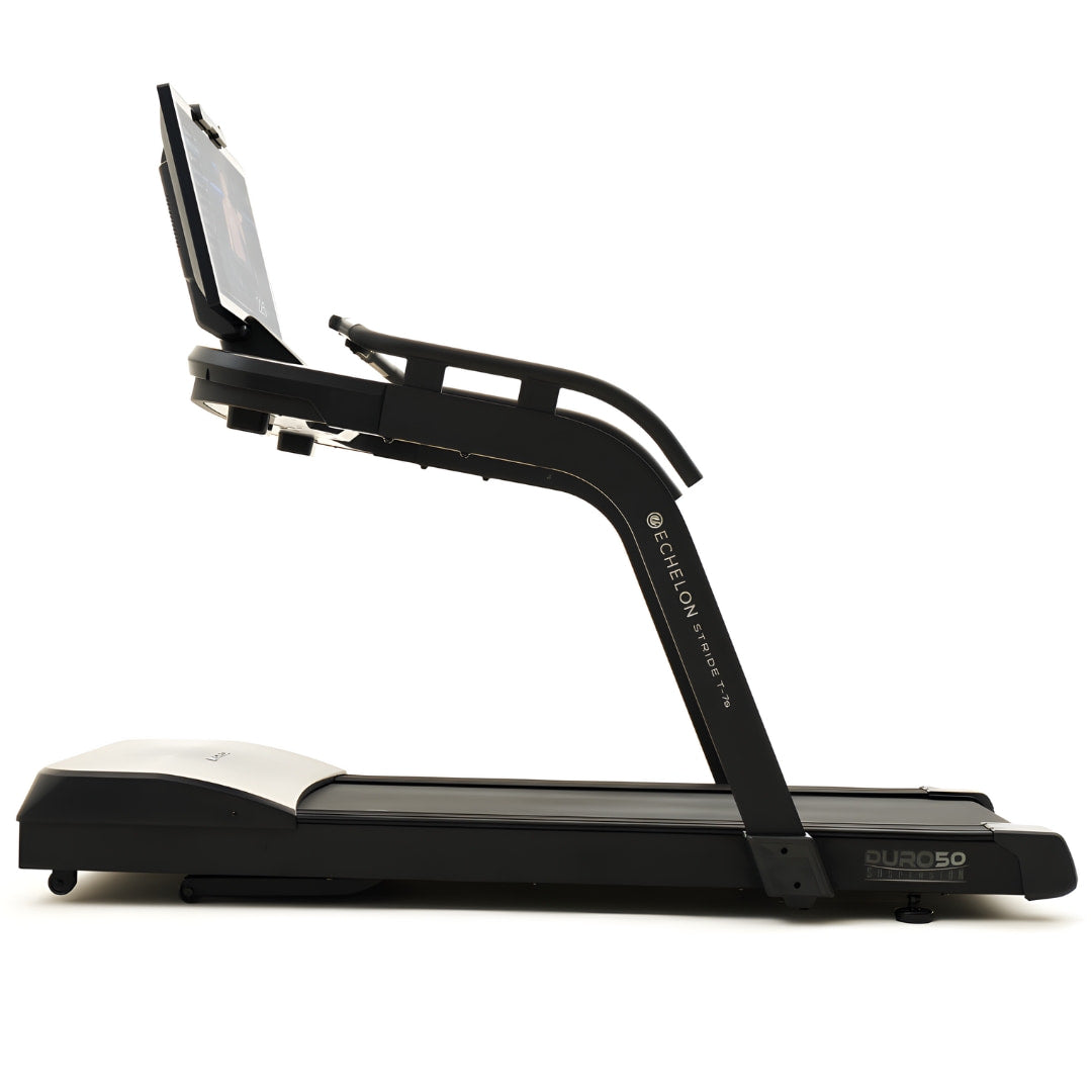 Echelon Stride-7S Commercial Treadmill side view, showcasing its sleek design and digital display.