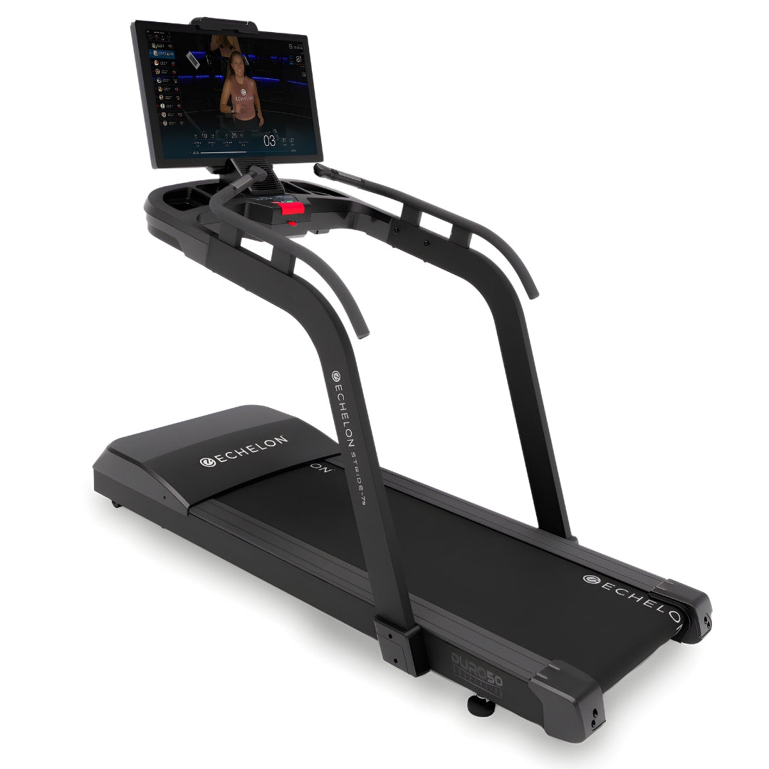 Echelon Stride-7S Commercial Treadmill featuring a sleek design and a large display screen for interactive workouts.