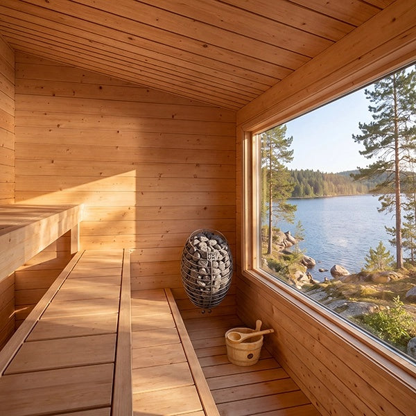 CT Avalon Sauna three-tier cedar benches and lake view