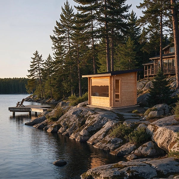 CT Avalon outdoor sauna on a rocky lakeshore