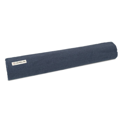Blue fabric yoga mat roll with Live Well 360 tag
