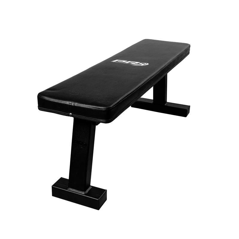 Black gym bench with padded seat and sturdy steel frame.