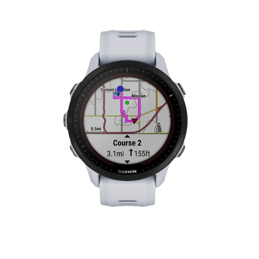 Garmin Forerunner 955 Solar displaying a map with current location and route information.