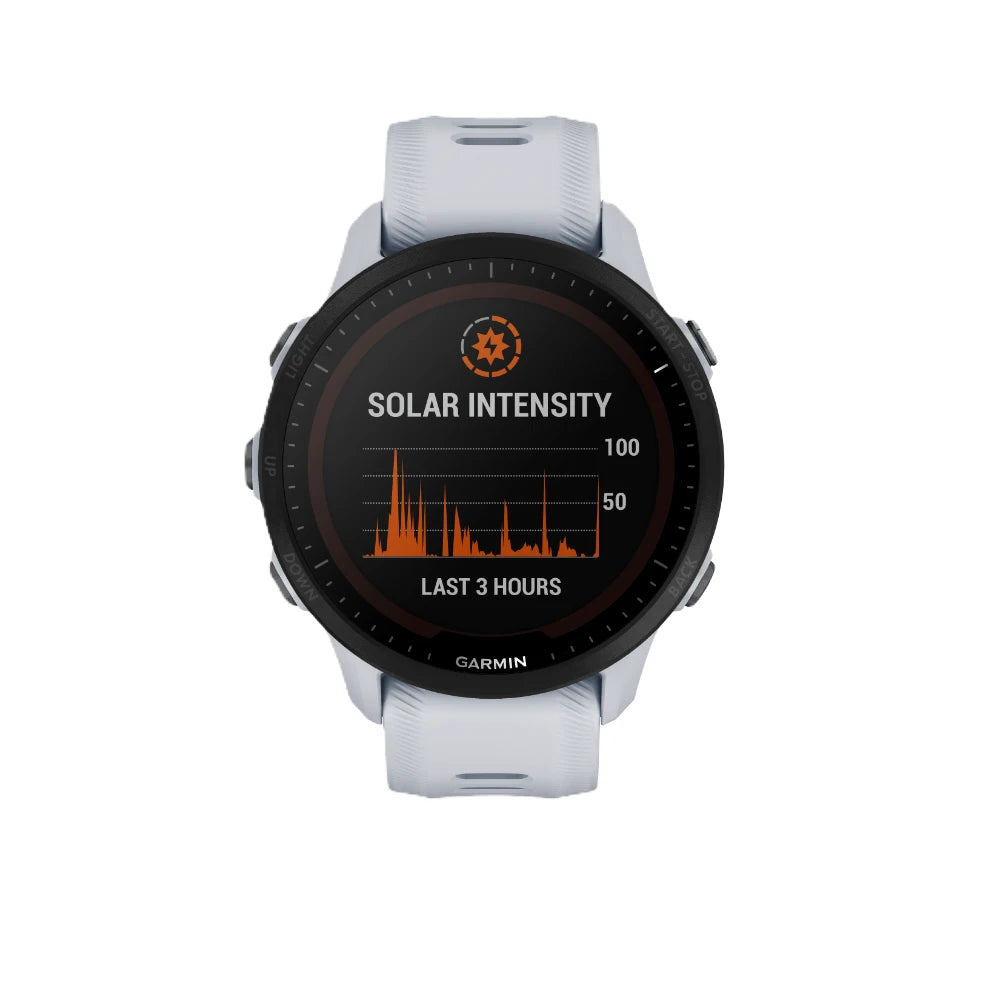 Garmin Forerunner 955 Solar smartwatch displaying solar intensity data for the last three hours with a graph.