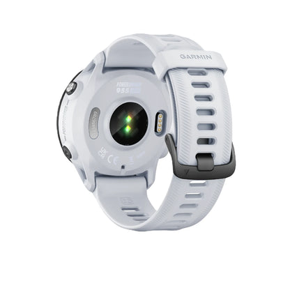 Back view of the Garmin Forerunner 955 Solar smartwatch, showcasing its sensors and white strap design.