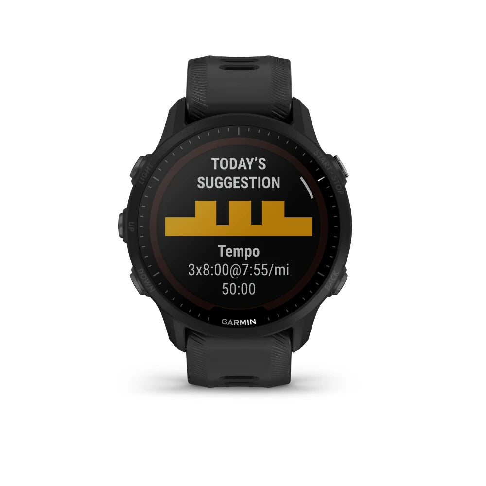 Garmin Forerunner 955 Solar displaying a workout suggestion with the text Today's Suggestion: Tempo 3x8:00@7:55/mi 50:00 on the screen.