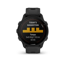 Garmin Forerunner 955 Solar displaying a workout suggestion with the text Today's Suggestion: Tempo 3x8:00@7:55/mi 50:00 on the screen.