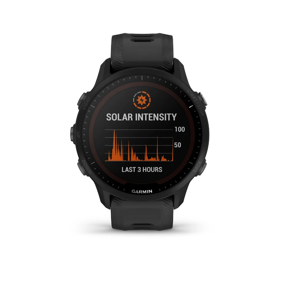 Garmin Forerunner 955 Solar displaying solar intensity graph for the last 3 hours.