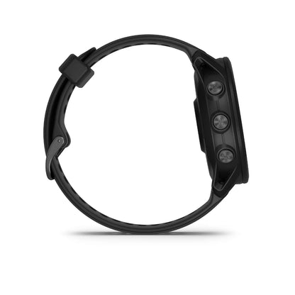 Garmin Forerunner 955 Solar fitness smartwatch shown from the side, featuring three buttons and a sleek black design.