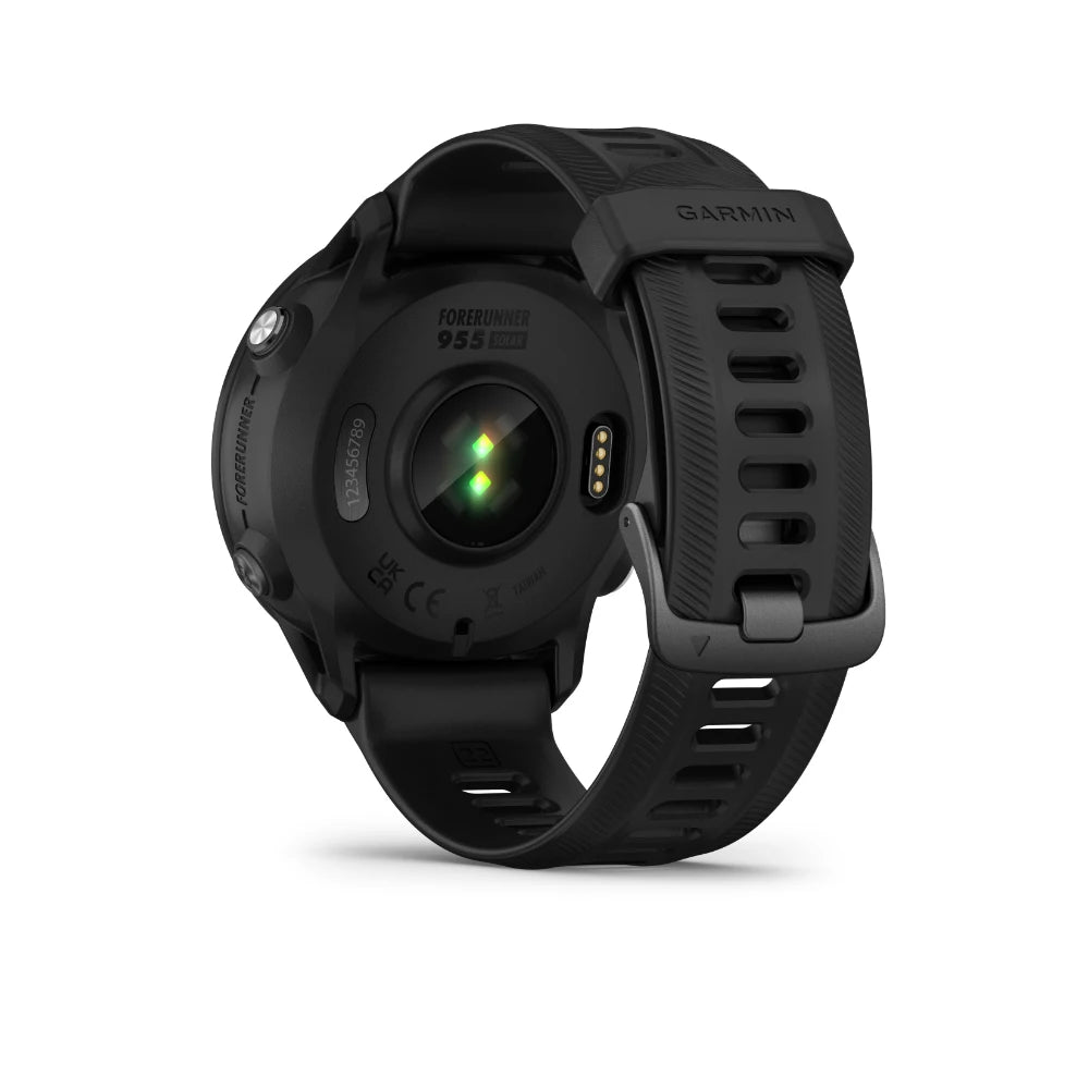 Garmin Forerunner 955 Solar smartwatch shown from the back, featuring a black strap and heart rate sensor.