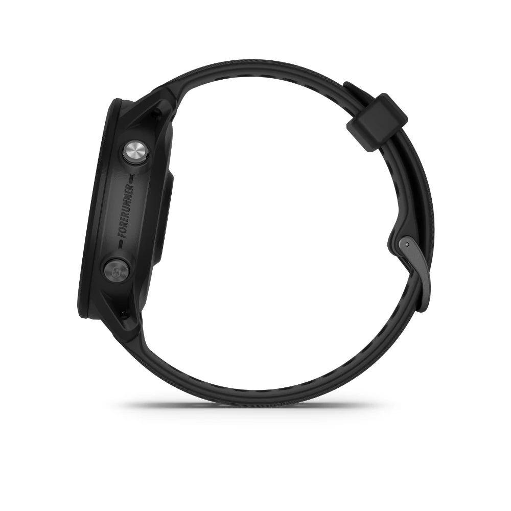 Garmin Forerunner 955 Solar smartwatch viewed from the side, showcasing its sleek black design.