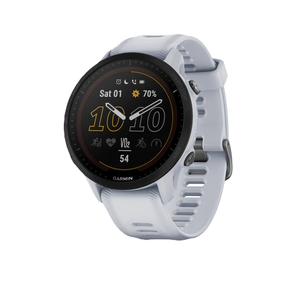 Garmin Forerunner 955 Solar smartwatch displaying fitness metrics with a black and yellow interface and a light gray strap.