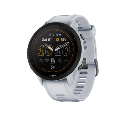 Garmin Forerunner 955 Solar smartwatch displaying fitness metrics with a black and yellow interface and a light gray strap.
