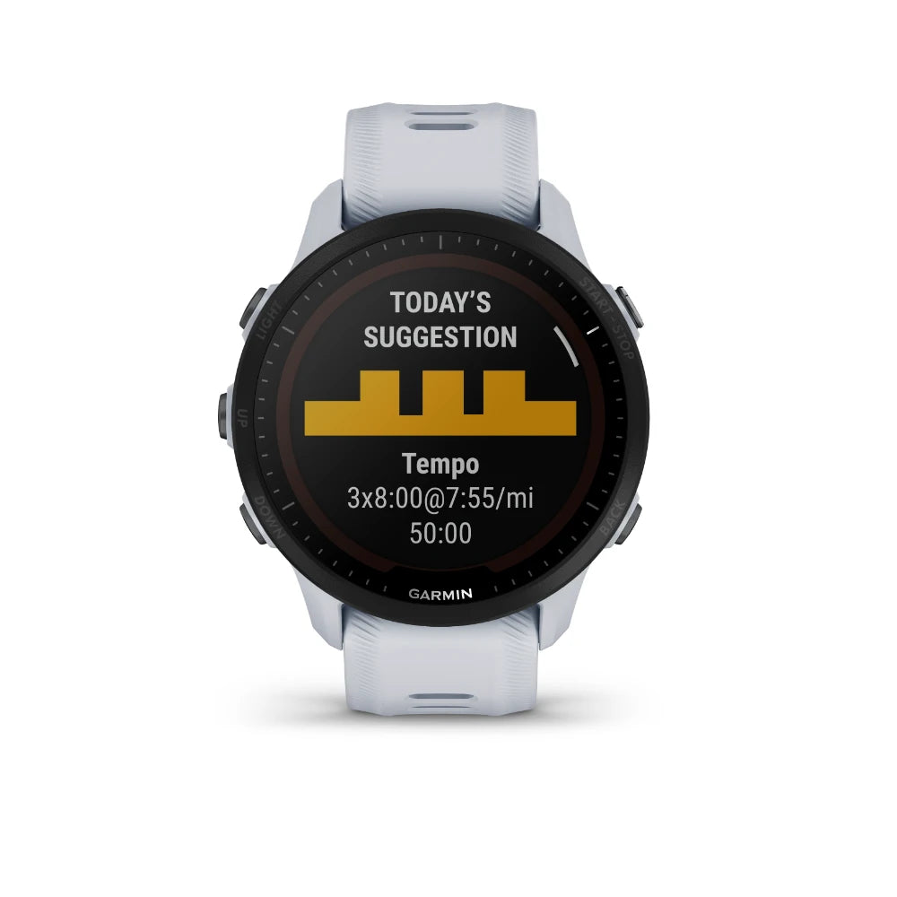 Garmin Forerunner 955 Solar displaying a workout suggestion with the text Today's Suggestion: Tempo 3x8:00@7:55/mi 50:00.