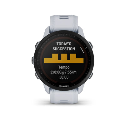 Garmin Forerunner 955 Solar displaying a workout suggestion with the text Today's Suggestion: Tempo 3x8:00@7:55/mi 50:00.