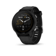 Garmin Forerunner 955 smartwatch displaying fitness metrics and time on a black background.